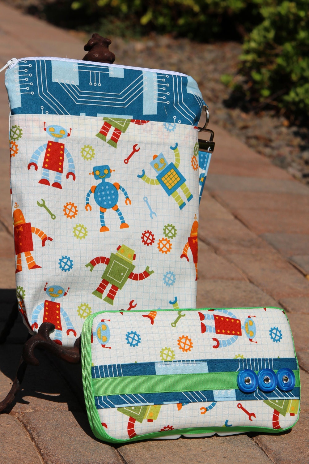 Travel Diaper Changing Set  (Boy) - Wet Bag & Wipes Case  -  Robot: Red, Blue, Green, White