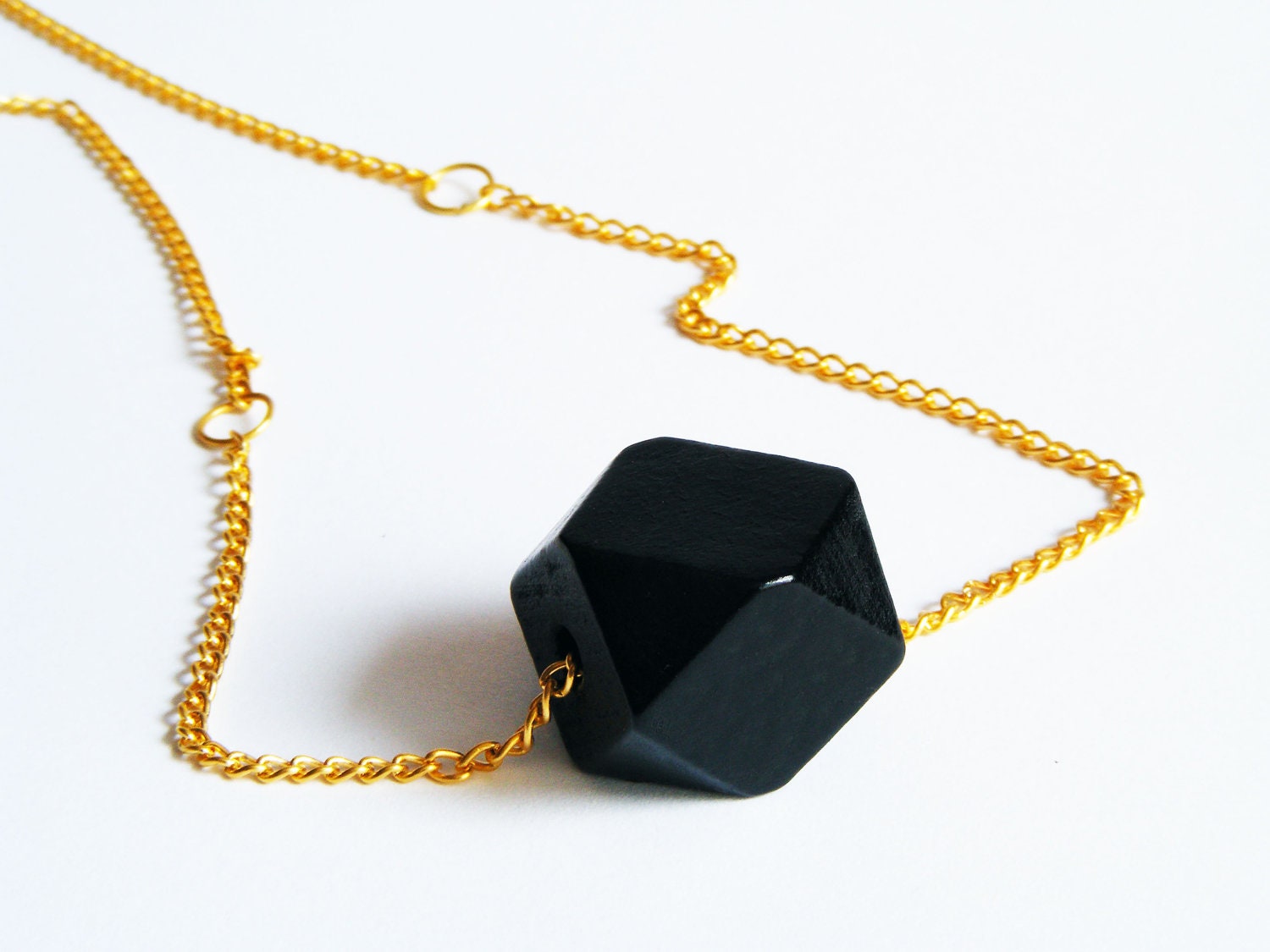Long Golden Chain Necklace - Black and Gold Geometric Necklace - Gift under 20 dollars - Geometric Charm - Bohemian Necklace