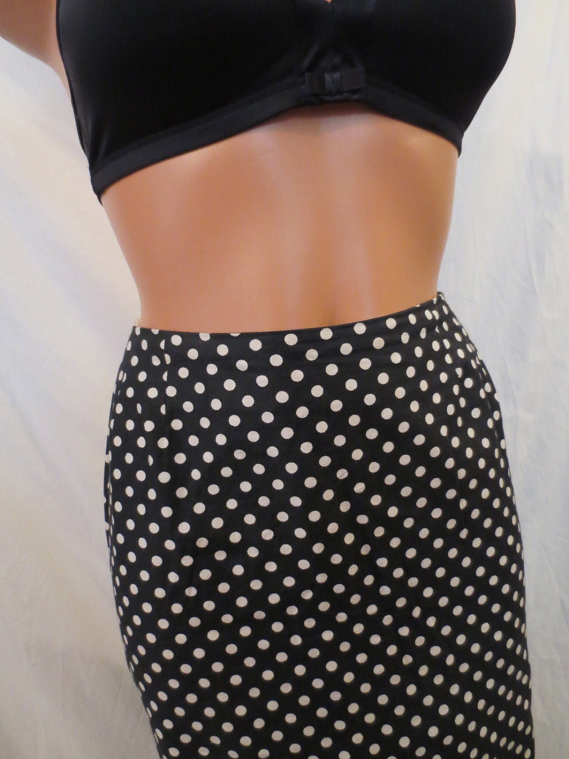 POLKA DOT PINUP sexy wiggle pencil skirt - black white - rockabilly mod - Lanz 25-waist 0 xs