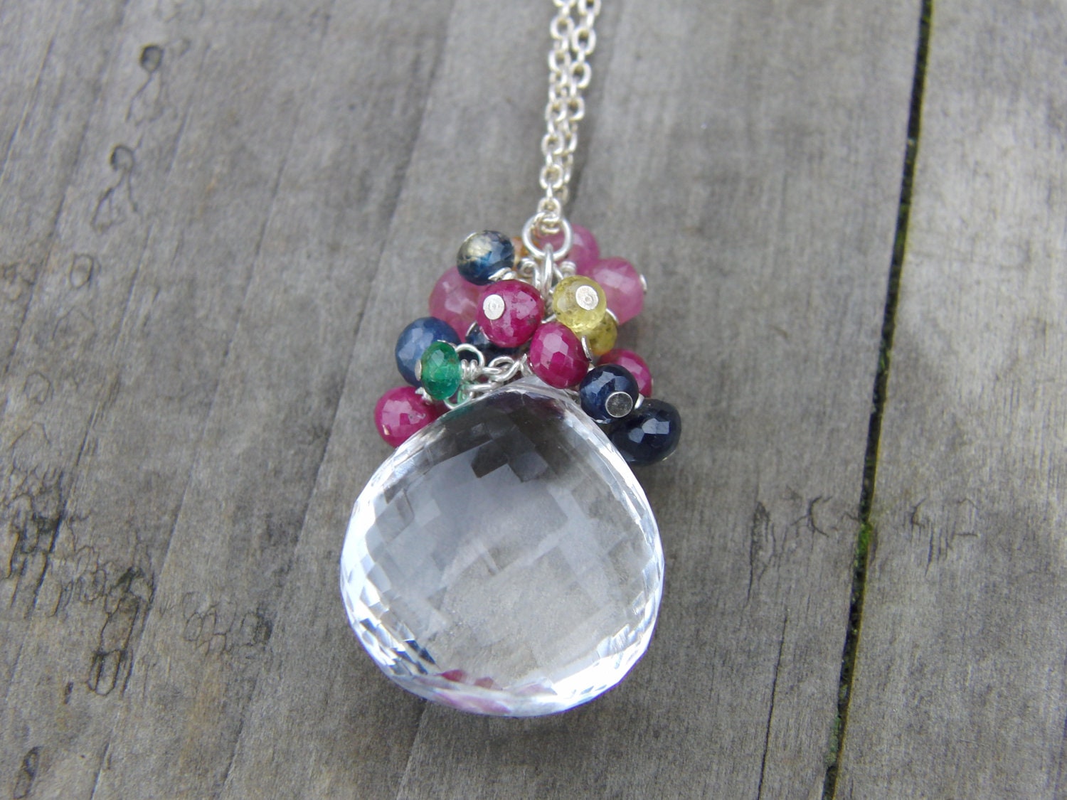 Crystal Ruby Sapphire Emerald Multi Colour Cluster Necklace FREE SHIPPING