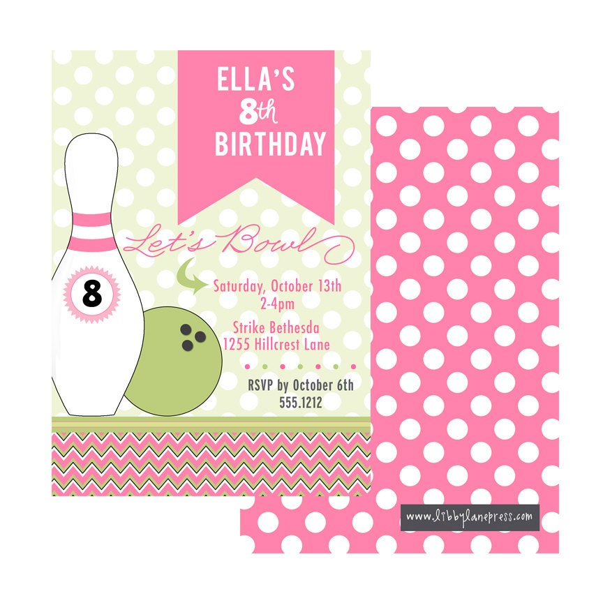 CHEVRON BOWLING Birthday Party Invitation - Pink , Black, Green - Customized Printable Invitation Il_570xn