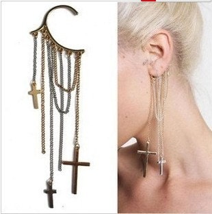 Gothic Punk Rock Golden and silvery Irregular Long Tassels Dangle small and big Cross Ear Cuff Clip Stud Wrap Earrings NO PIERCING