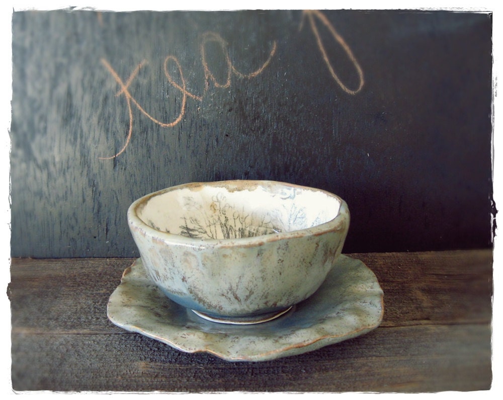 Porcelain Tea Bowl and Saucer - Nature Hand Drawn Design - farmhousebluesstudio
