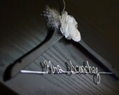 Wedding Dress Hanger w/ Vintage Style Lace and Fabric Flower - Walnut Finish, Personalized Wedding Hanger