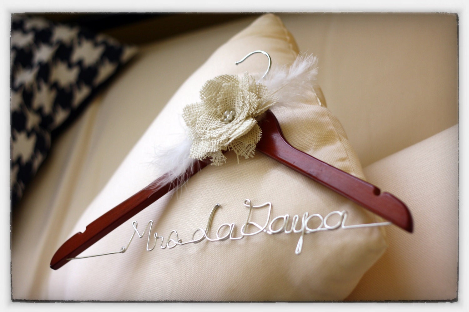 RUSH Wedding Dress Hanger with Burlap Flower - Cherry Finish Custom Bridal Hanger