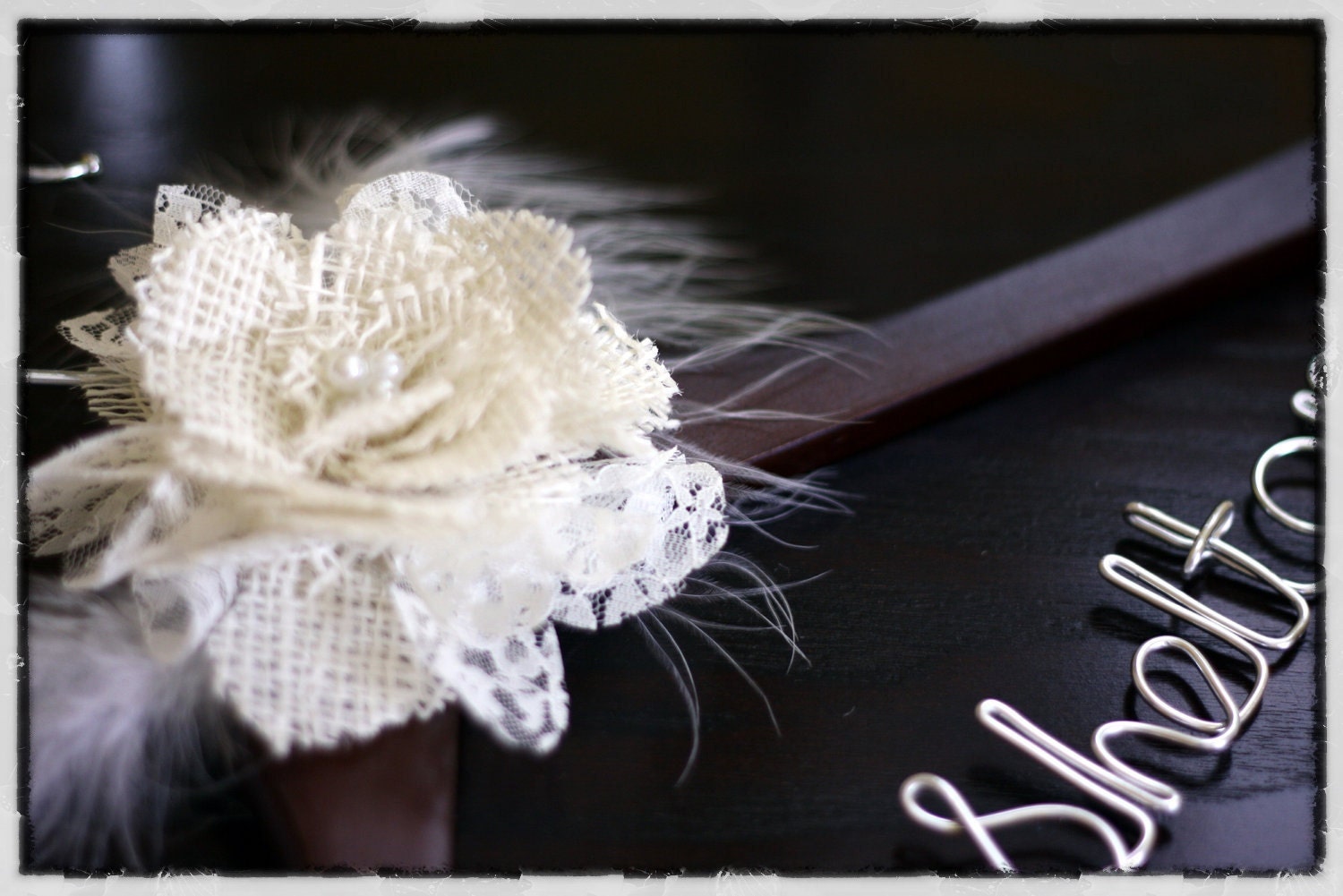 RUSH- Walnut Wedding Dress Hanger w/ Lace and Burlap Flower