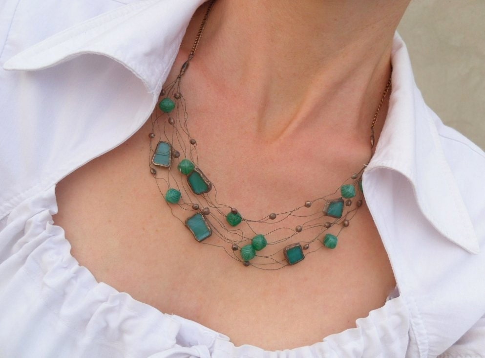 Stained glass necklace copper wire beaded turquoise Soul dance