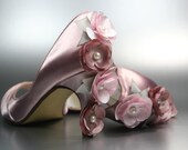Wedding Shoes -- Pink Kitten Heels with Shades of Pink Flowers on Heel