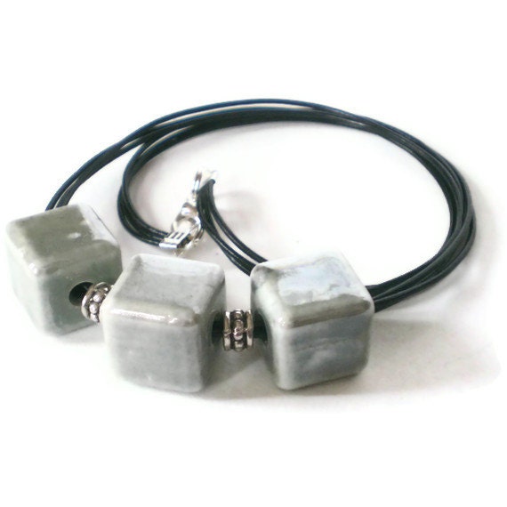 mens necklace, black leather, grey, cube beads, unisex , rocker, modern