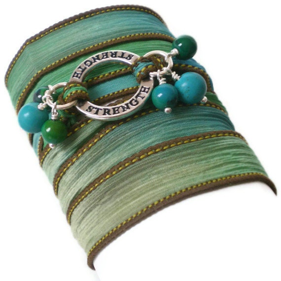 silk ribbon wrap bracelet, yoga inspired, turquoise beads, chrysocolla beads,silver affirmation ring, boho wrist wrap