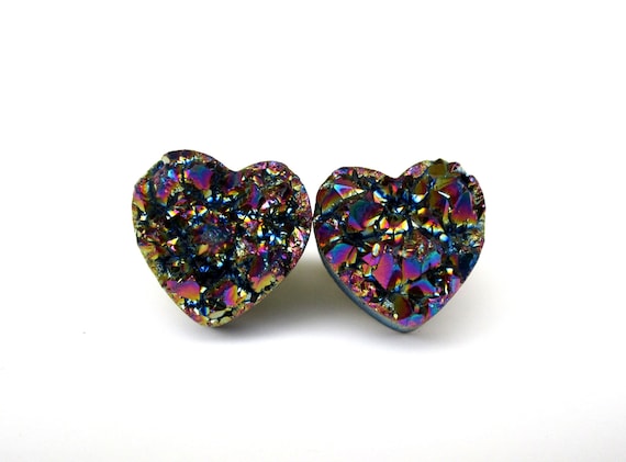 Druzy Drusy Heart Stud Earrings Gold and Purple Titanium