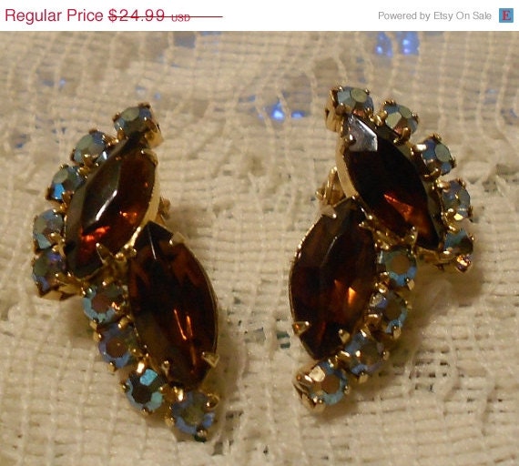 Vintage Brown and Aurora Borealis Rhinestone Earrings
