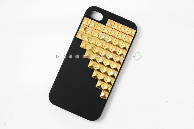 FREE Shipping -- Gold Studs iPhone 4 4S Black Rubberized Matte Studded Phone Case AT&T Verizon Sprint
