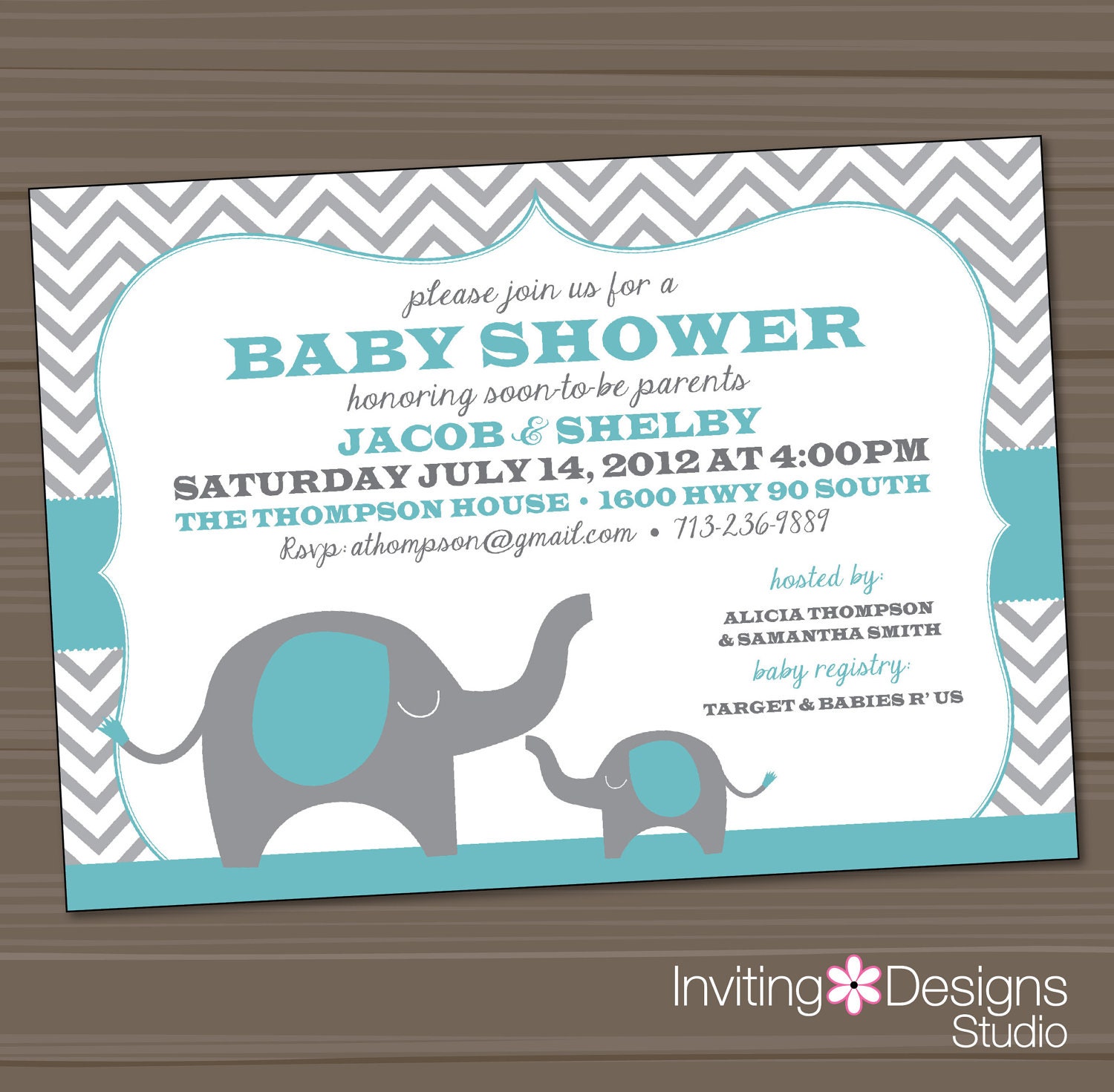 Elephant Baby Shower Invitation, Blue, Gray, (PRINTABLE FILE)