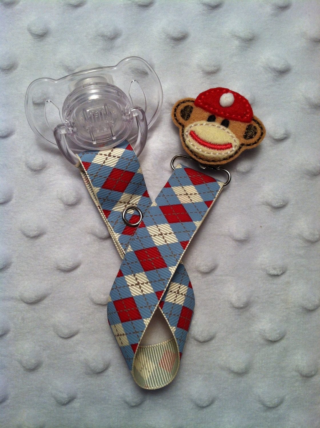 Boys Sock Monkey Argyle and Adorable Sock Monkey Applique Hiding Clip Pacifier Clip Paci Clip Soothie Binky
