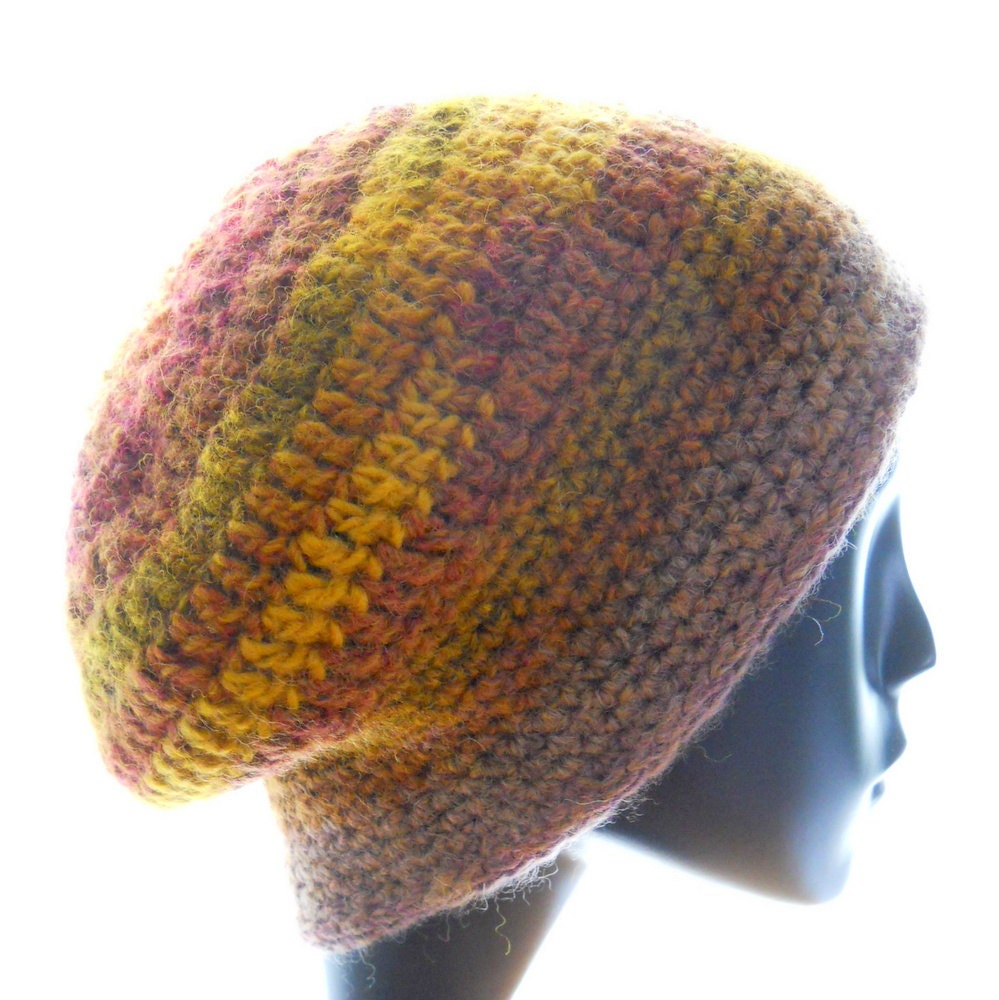 Crochet beanie hat, women's wool-blend hat, Mesa muffin-top beanie hat, gold beanie hat, winter fashion, medium and large hat