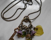 My Secret Garden Charm Necklace, Vintaj Vintage Antique Brass Key, Flowers and Leaves, Woodland Fantasy