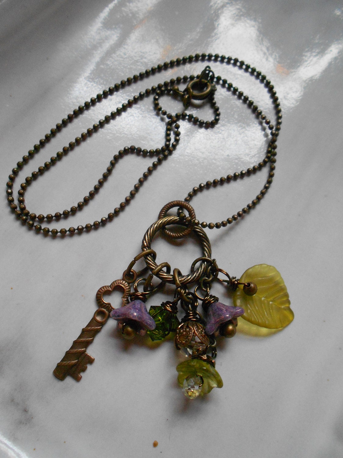 My Secret Garden Charm Necklace, Vintaj Vintage Antique Brass Key, Flowers and Leaves, Woodland Fantasy