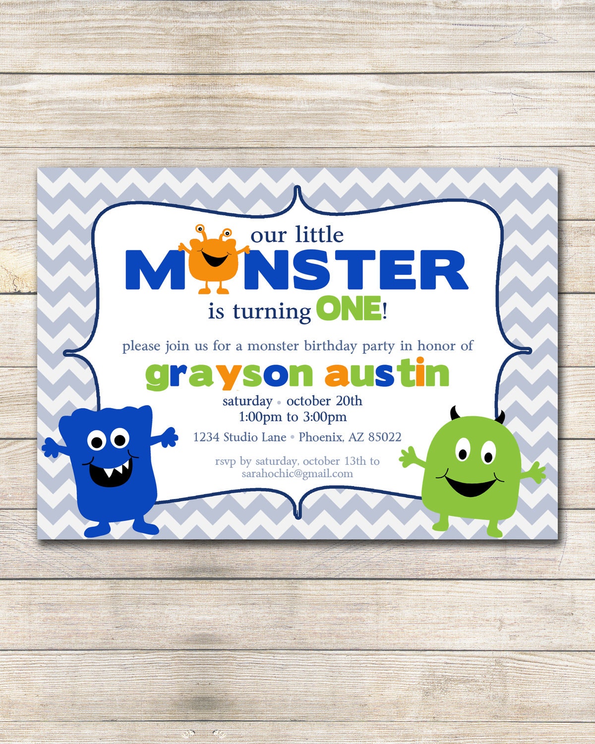 Little Monster Birthday Party Invitation -- sarah O chic -- little monster, green, blue, orange, birthday invitation