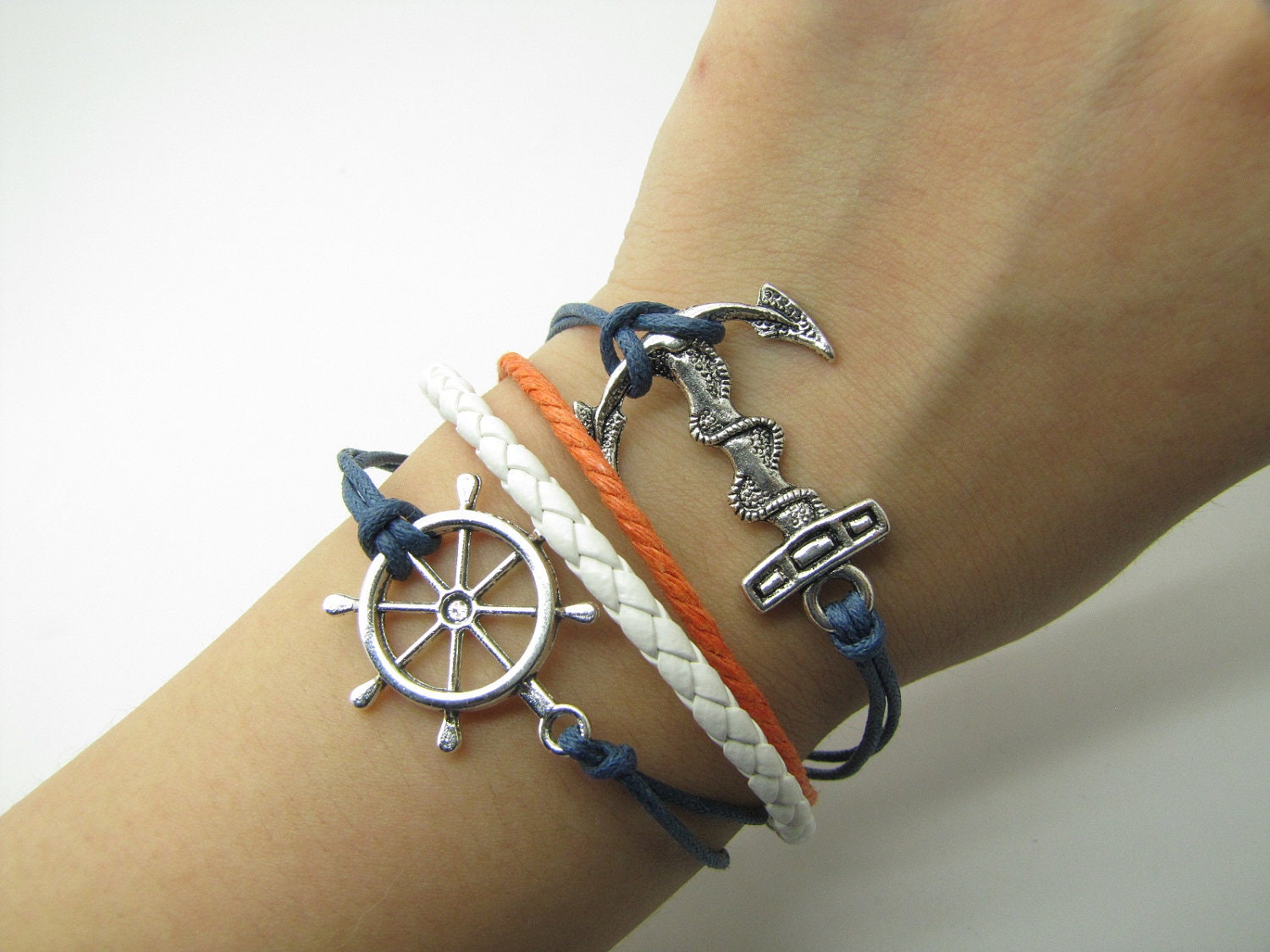 Blue Rope and White Leather Steampunk Bracelet antique silver anchor bracelet, Adjustable Bracelet 922S