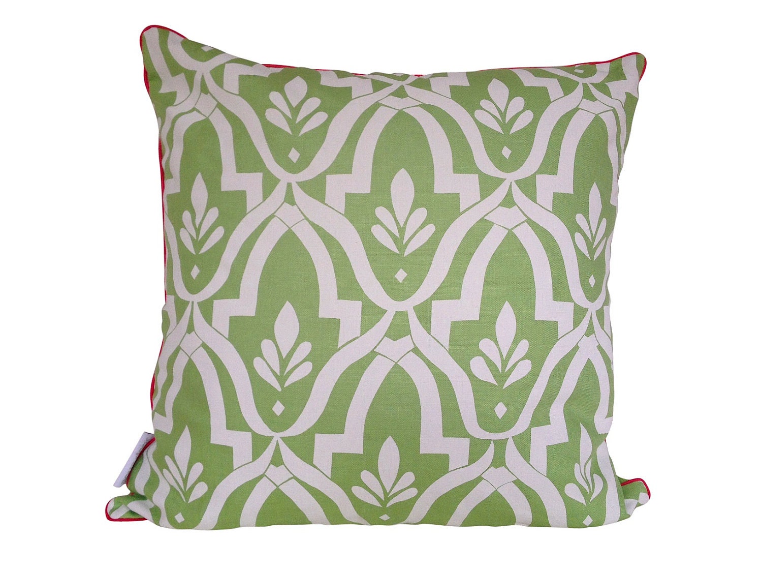 Wheat cushion cover in white ink on green linen with hot pink piping 48cmx48cm