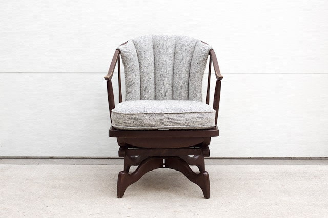SALE Vintage Custom Upholstered Mid Century Wood and Wool Swivel Rocker - HomesteadSeattle