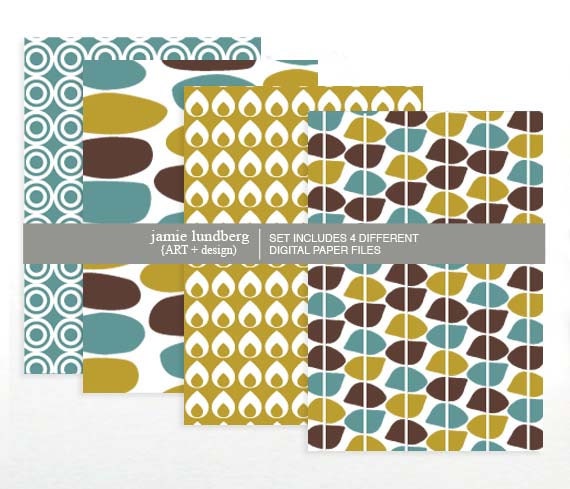 Simplicity Scrapbook Digital Paper and Gift Tag Set - Teal, Yellow, and Brown Coloration