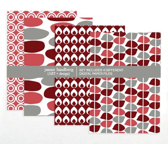 Simplicity Scrapbook Digital Paper and Gift Tag Set - Red, Pink, and Gray Coloration