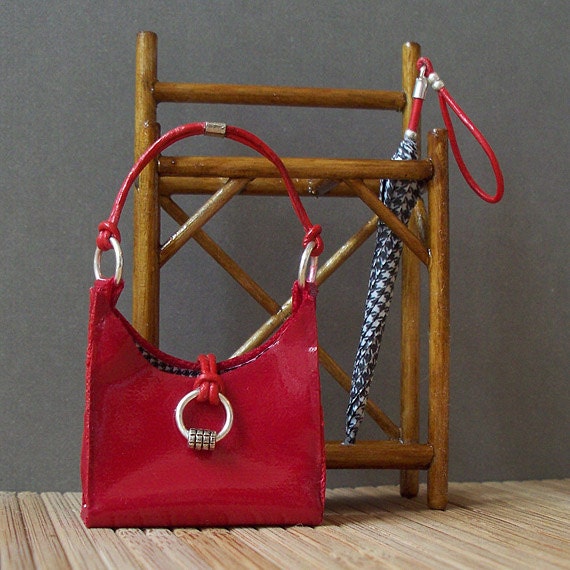 1:12 Scale Miniature Luggage / 2-Pc. Set, Red Patent Bag with Circle Trim and Matching Umbrella NEW STYLE