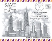 Chicago Themed Skyline Save the Date - GETTING STARTED postcard version
