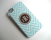 iphone case Tiffany Blue and White Chevron iPhone 4 Case with Brown Monogram - iPhone 4 4S Cover- Blue and Brown - Hard Plastic WHITE Case