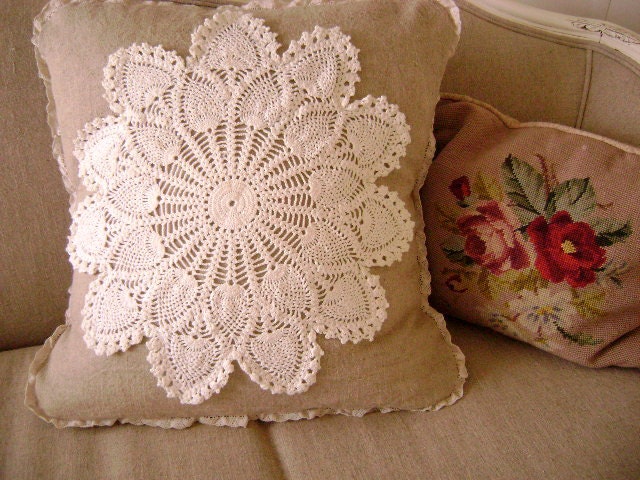 CLASSIC 'Linen and Lace' - Large Euro 24" Down Alternative Pillow - Natural Linen, Vintage Doily and Lace Trimmings