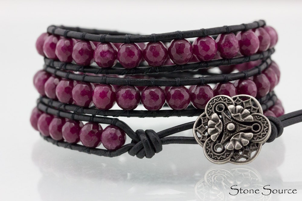 Ruby Red Leather Wrap Bracelet - Chan Luu Style - Black Leather