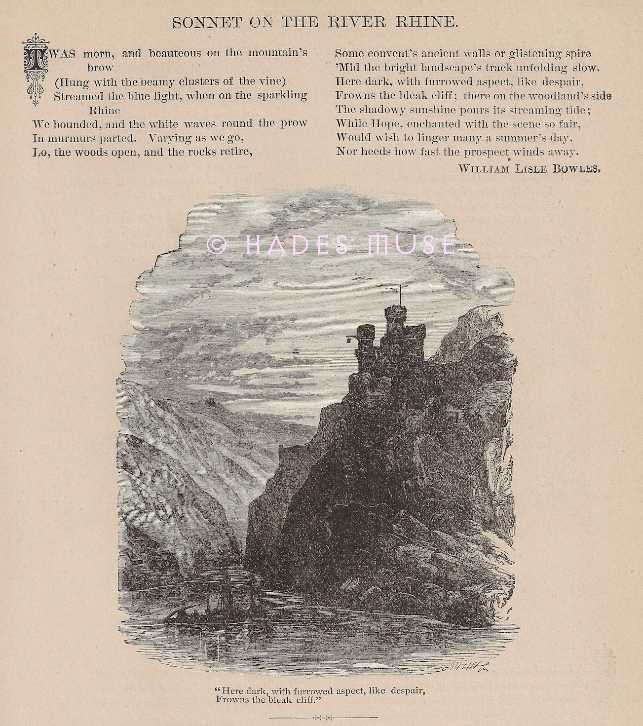 Despair On The River Rhine-Ancient Walls-Old Secrets-Medieval Castle-1800's Antique Vintage Art PRINT-Gothic Poem-Poetry-Victorian Picture