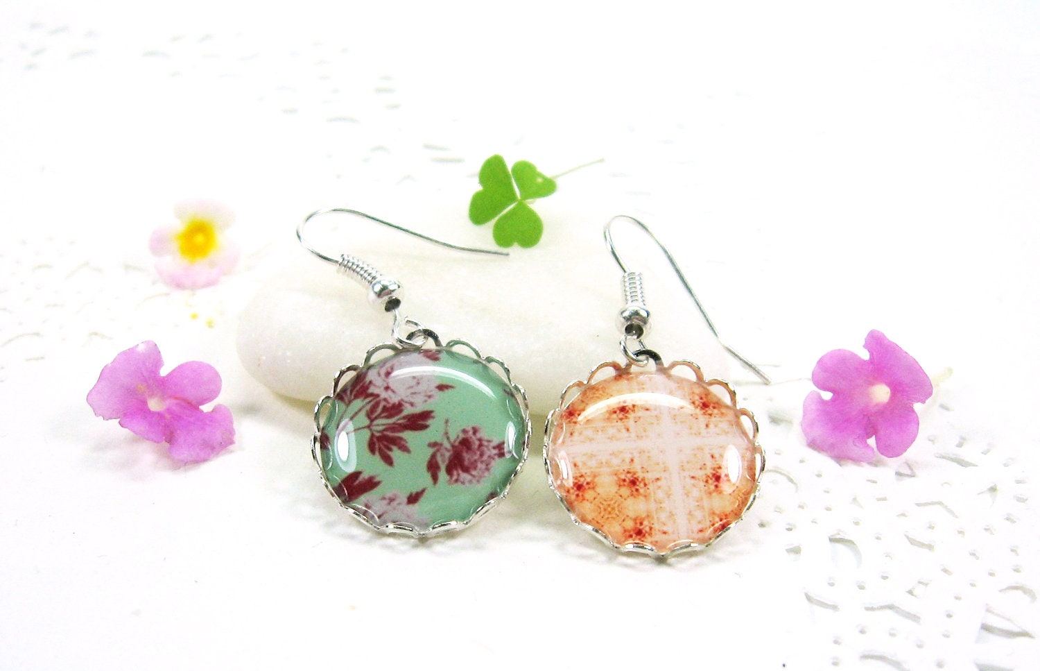 Green Peach Earrings, Red and Pink Flowers, Mint Green and Cream Brown (1-7E) - Free shipping