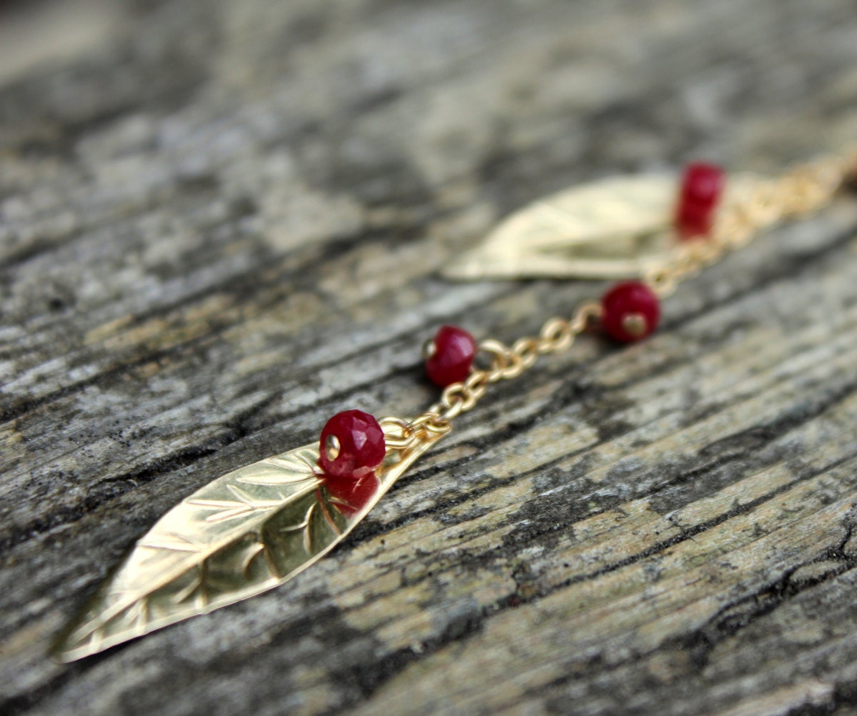 Gold Leaf Necklace - Real Ruby Rondelles in Y Wye Style