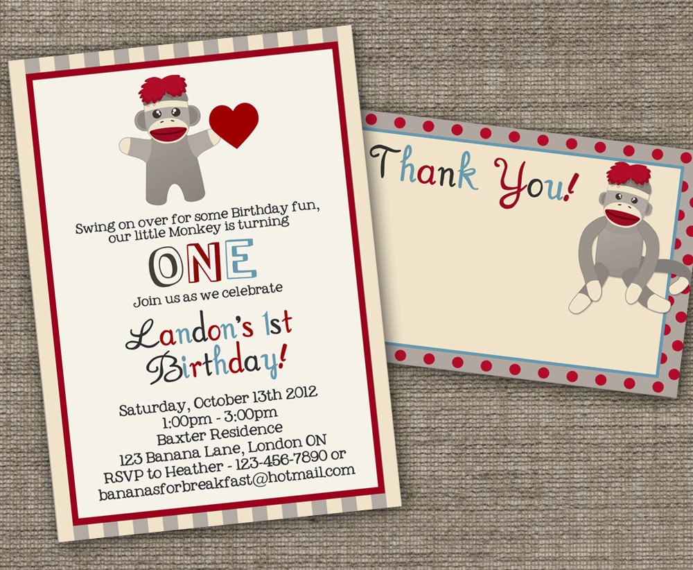 Printable/DIY Sock Monkey Invitation & Thank You Card