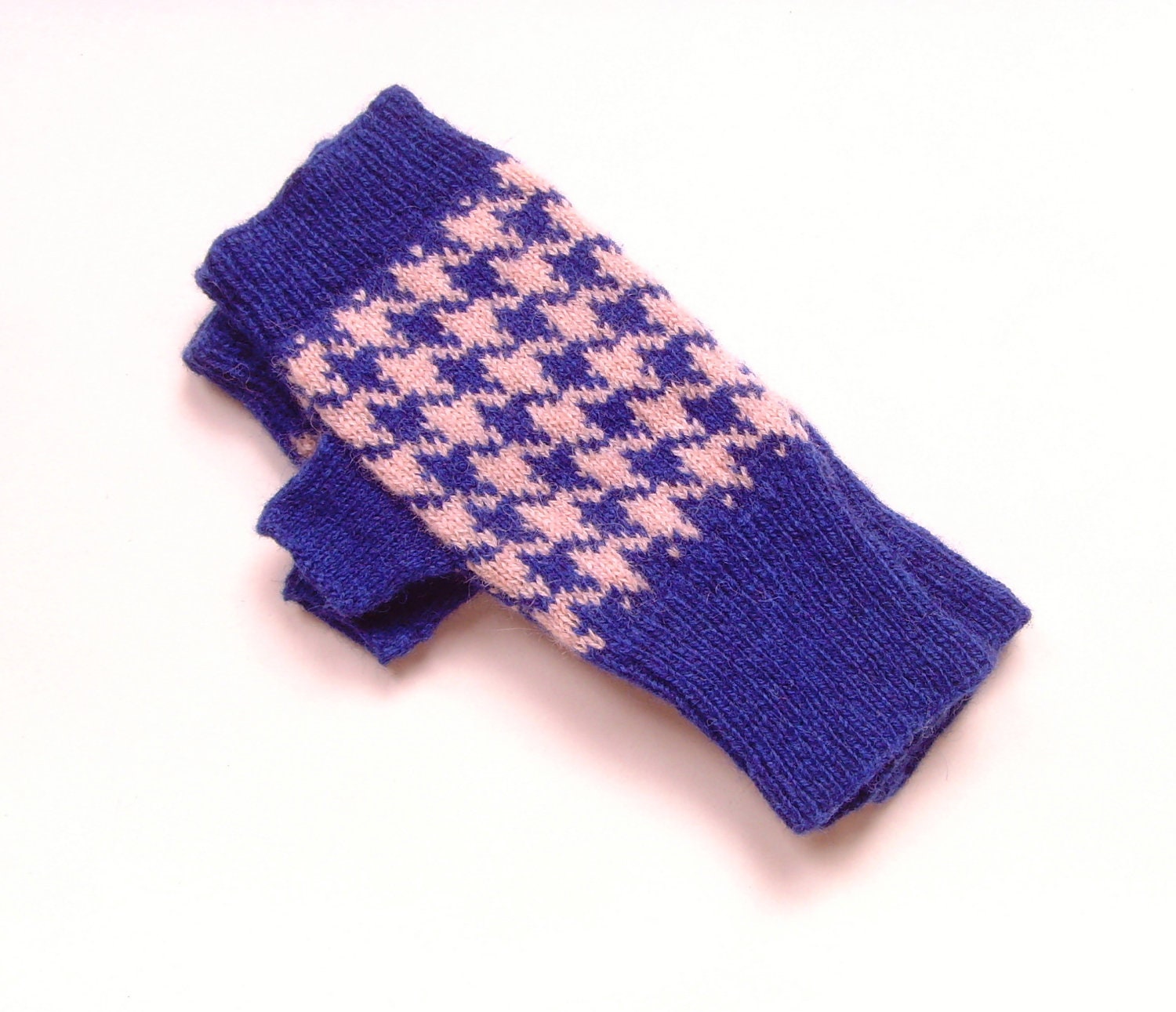 Fingerless Gloves SALE Houndstooth Blue and Peach Fingerless Gloves Womens Fingerless Gloves Blue Knitted Gloves Knitted Houndstooth