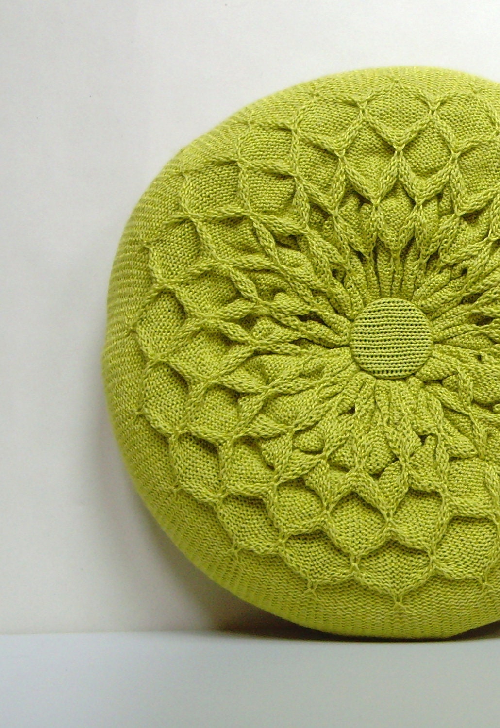 Green Pillow. Knitted Circular Waffle Cushion. Chartreuse Green Pillow Hand Puckered Waffle Design. Round Pillow Medium Size