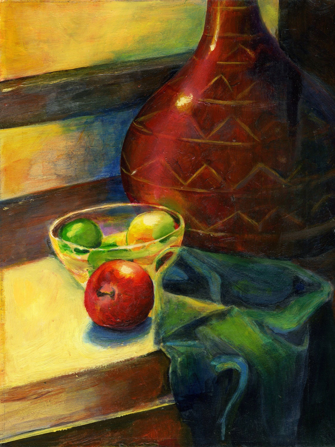 ACEO Print- Still Life acrylic painting with glossy finish. Colorful fruit, vase, and cloth near a window. Fine art by Brandy Cattoor.
