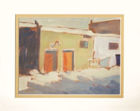Fine Art, Mini oil painting original (5.5 x 7.5) custom study.  Matted artwork. Red Doors in Winter.