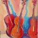 Music ACEO PRINT of three violins. Orange, blue, and red expressive collectors print. contemporary orchestra art.