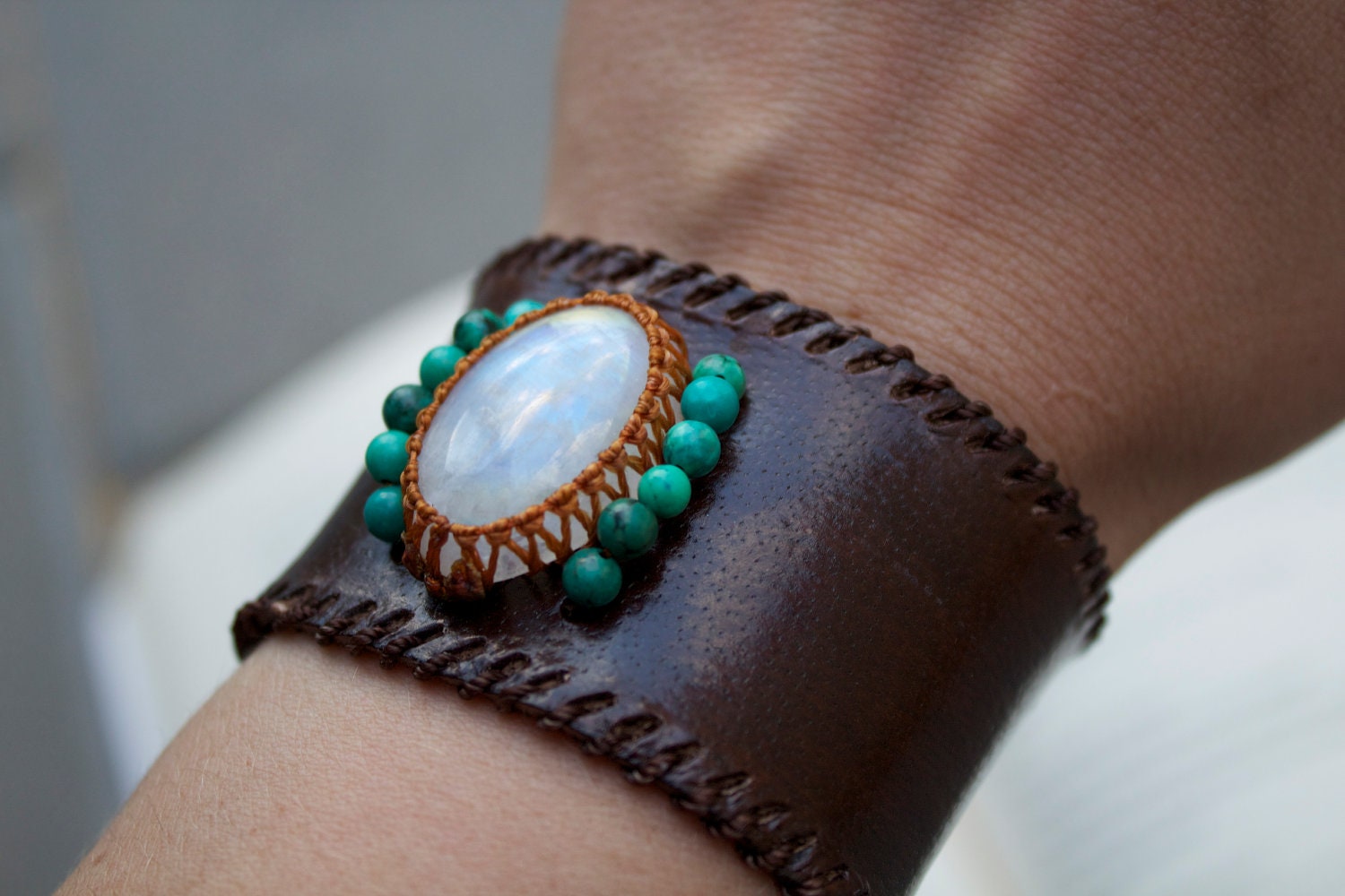 Leather Cuff Bracelet MOONSTONE and TURQUOISE Macrame Semi Precious Stone Bracelet - Sleek Style (Stone for fortune and passion)