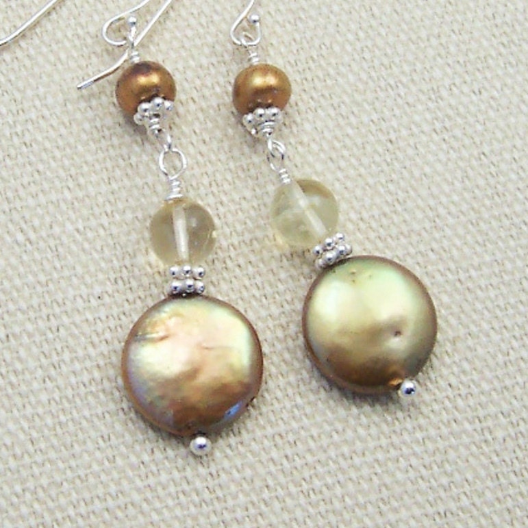 Bronze Pearl Earrings Coin Pearl Dangle Citrine Gemstone Beaded Sterling Silver Copper Brown Autumn Fall Bridesmaid Gifts, Handmade Jewelry