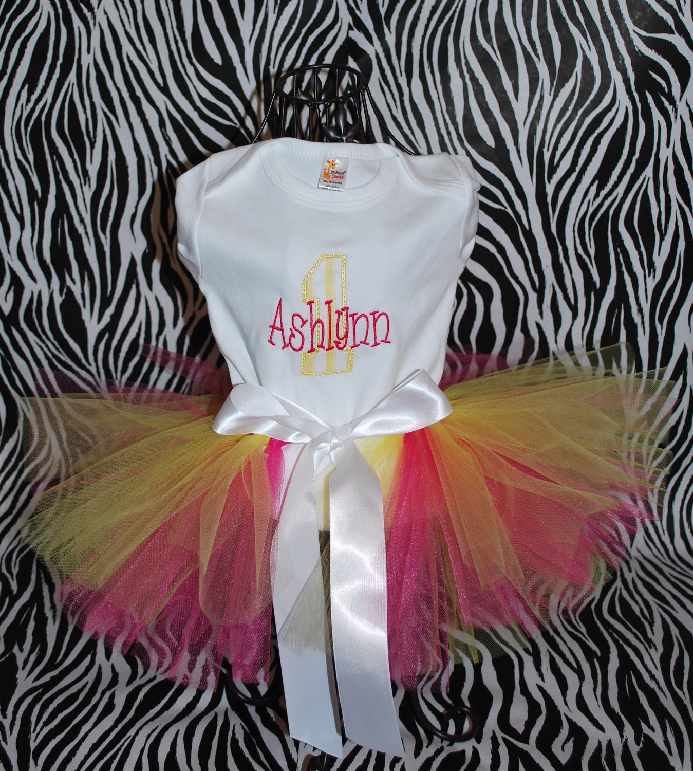 Custom Personalized Monogrammed and Appliqued Number One with Name Birthday First Birthday Shirt Onesie and TuTu Set Yellow and Hot Pink