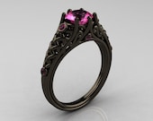 Classic 14K Black Gold 1.0 Carat Pink Sapphire Lace Ring R175-14KBGPS