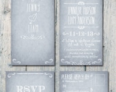 Digital - Printable Files - Vintage Grey Calligraphy Wedding Invitation and Postcard RSVP Set