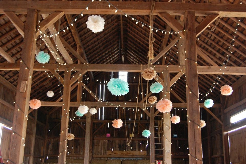 7 Pom Poms - Peach & Mint Tissue Paper Pom-Poms - More Colors Available