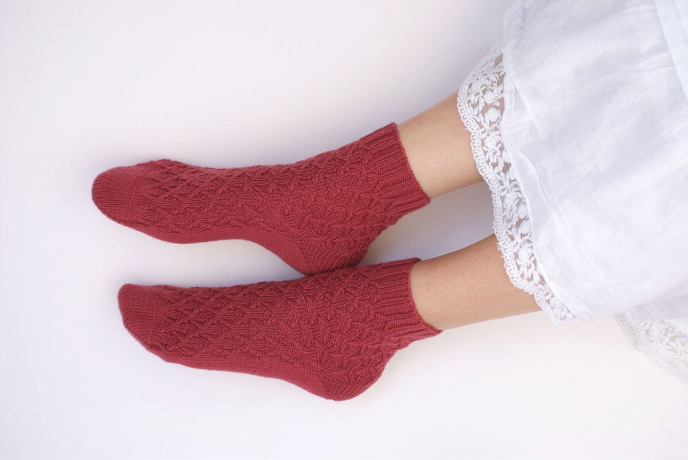 Hand knitted women's fishnet Socks for her red wine oxblood