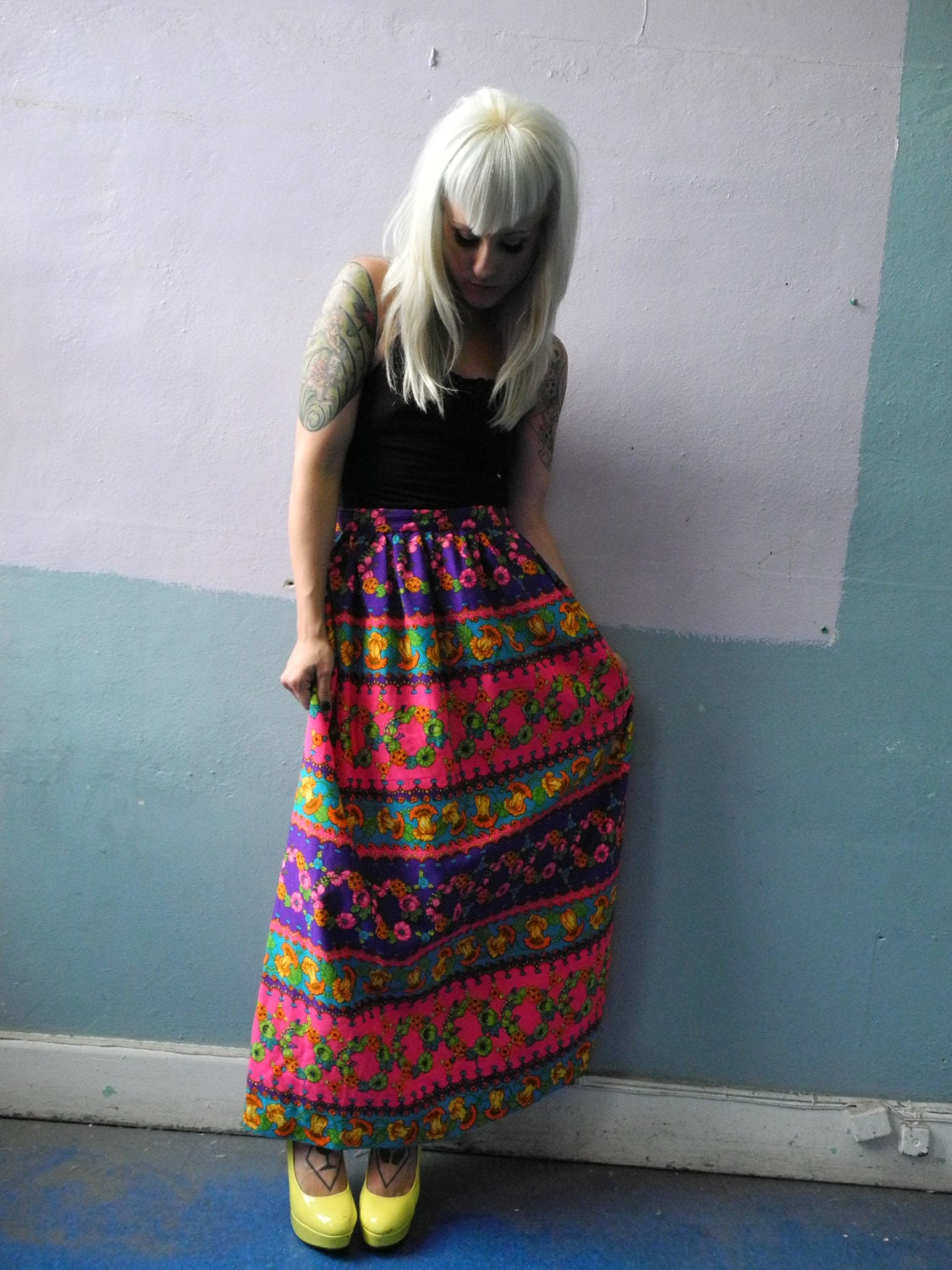 Vtg 60s Floral Psychedelic Maxi Neon Skirt / Flower Child